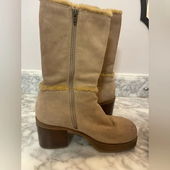 Vintage 90s Skechers 8 Suede Fur Trim Tan Grey Chunky Heel Bratz Platform Boots - Picture 6 of 10